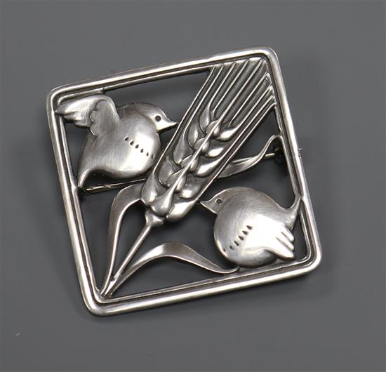 A Danish Georg Jensen sterling silver robins and wheat brooch, no. 250, 36mm.